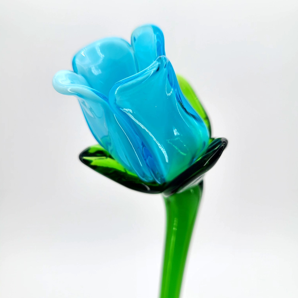 Vintage Blown Art Glass Long 12" Green Stemmed Blue Rose Bud Decorative Flower - Picture 4 of 6